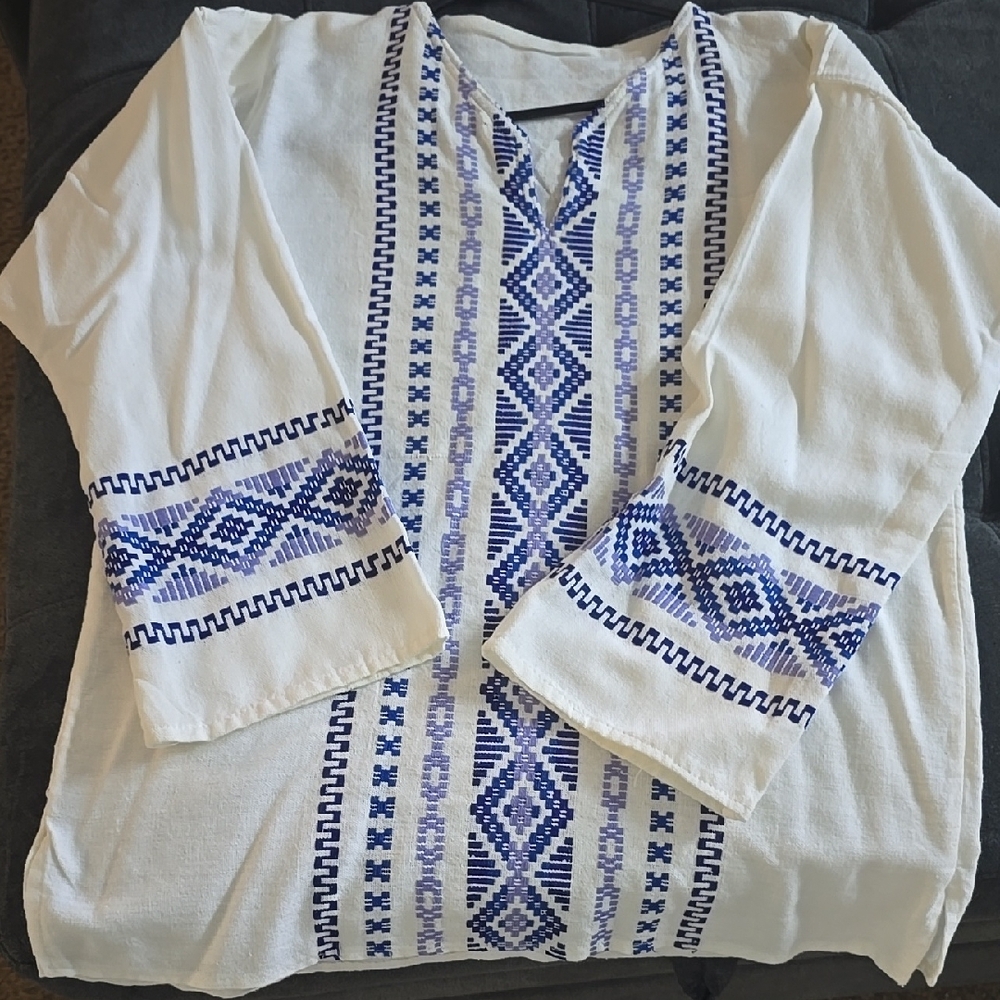 White and Blue Embroidered Tunic